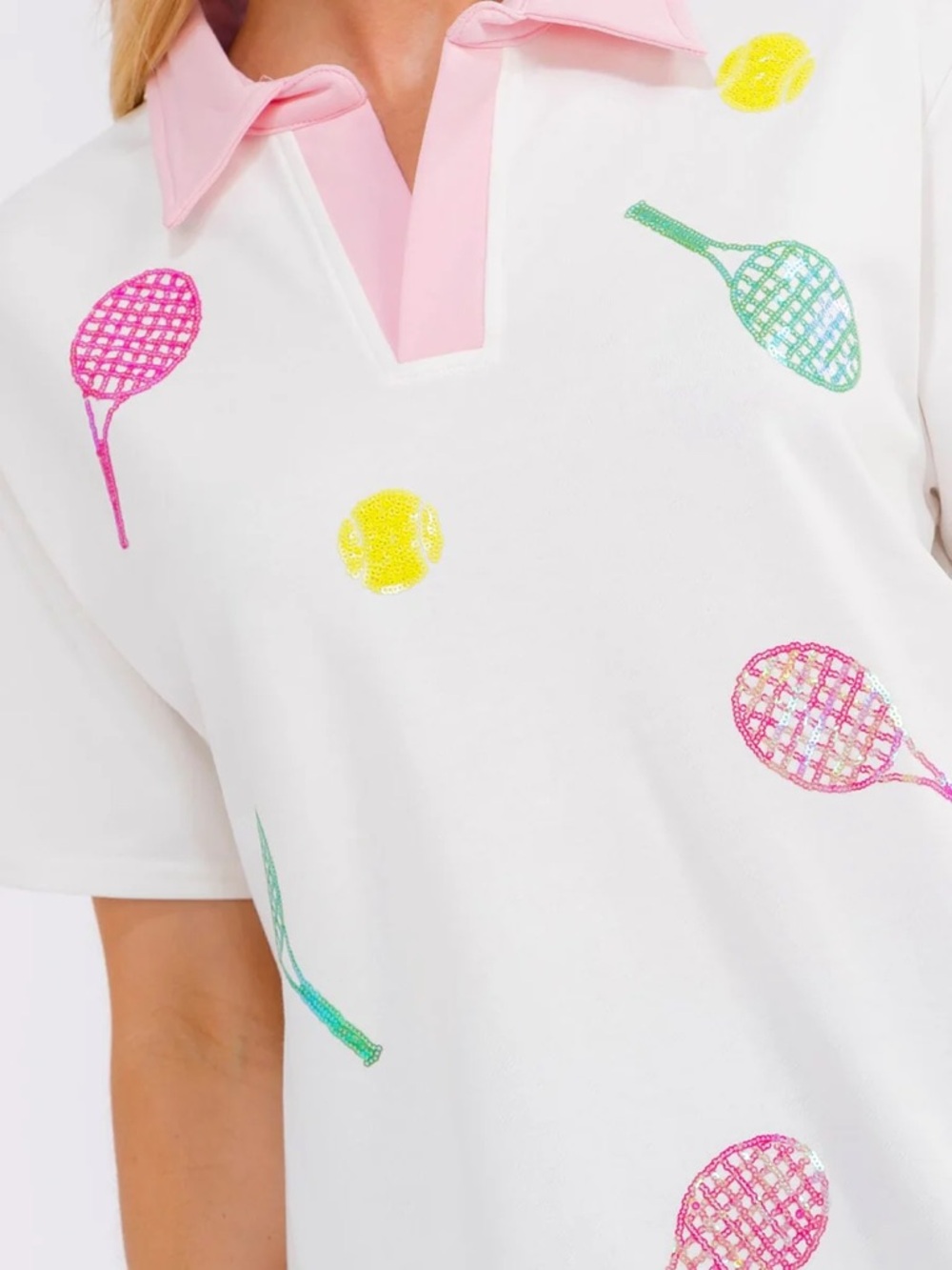 132 • White Polo Top with Pink Collar and Colorful Tennis Motif